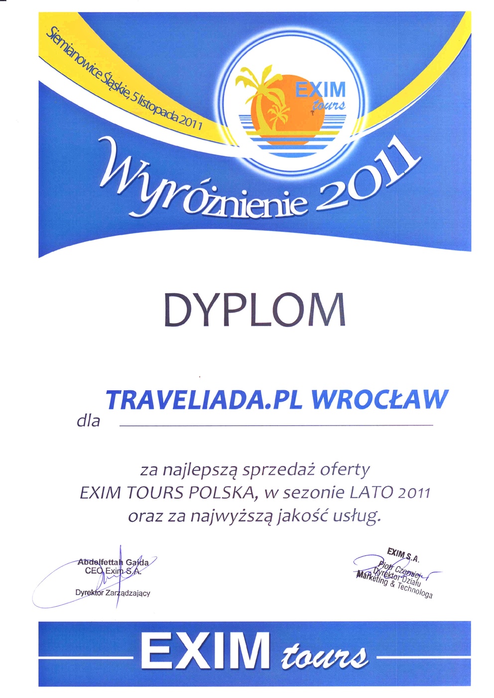 Dyplom od Exim Tours 2011