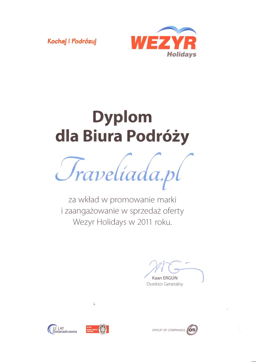 Dyplom Wezyr Holidays za sprzedaż w roku 2011