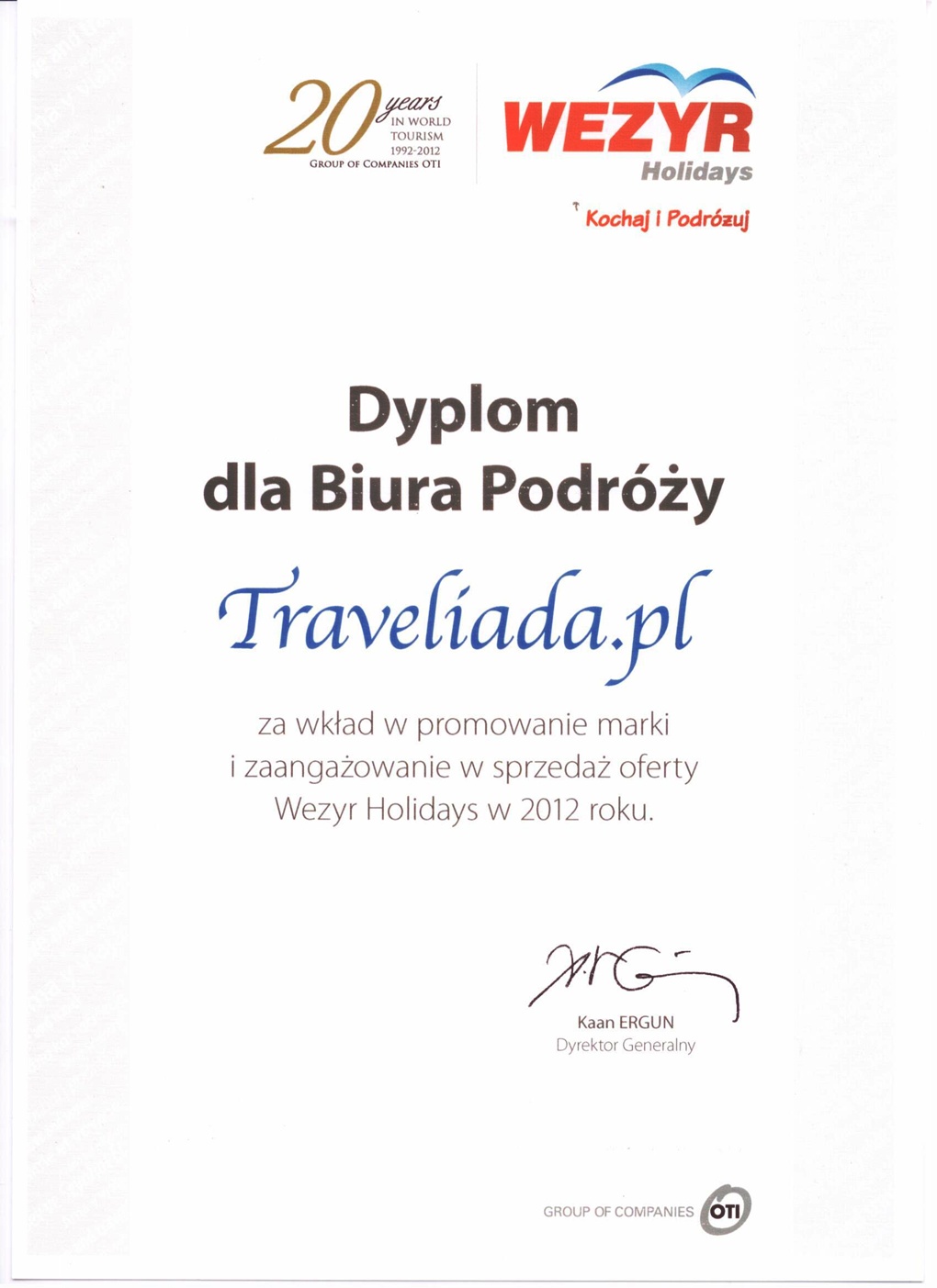 Nagroda dla Traveliada.pl od Wezyr Holidays