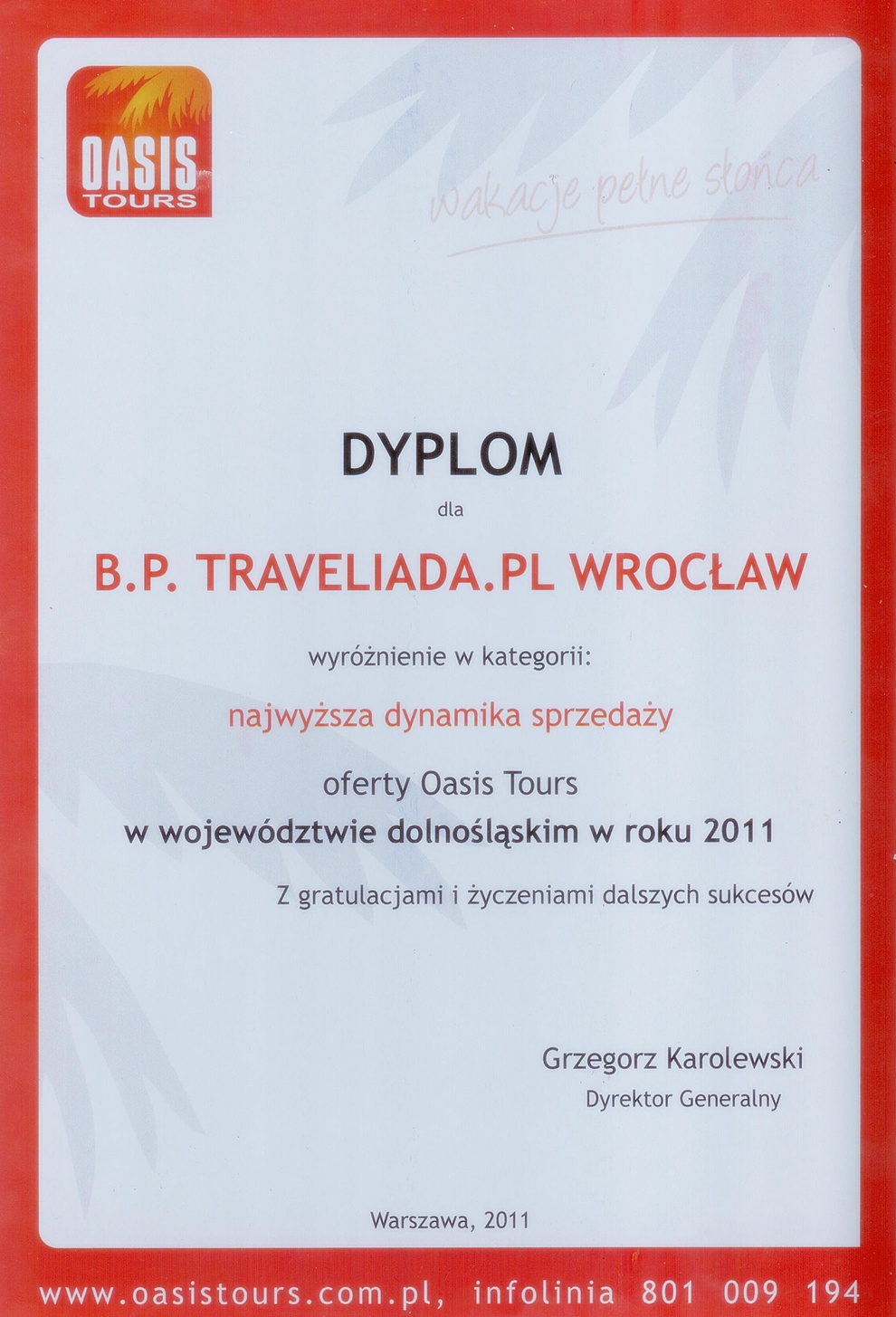 Syplom dla Traveliada.pl za wzrost i dynamikę sprzedaży w roku 2011